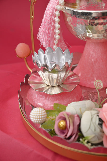 Decorative Festive Tray with Silver Bowls & Diya