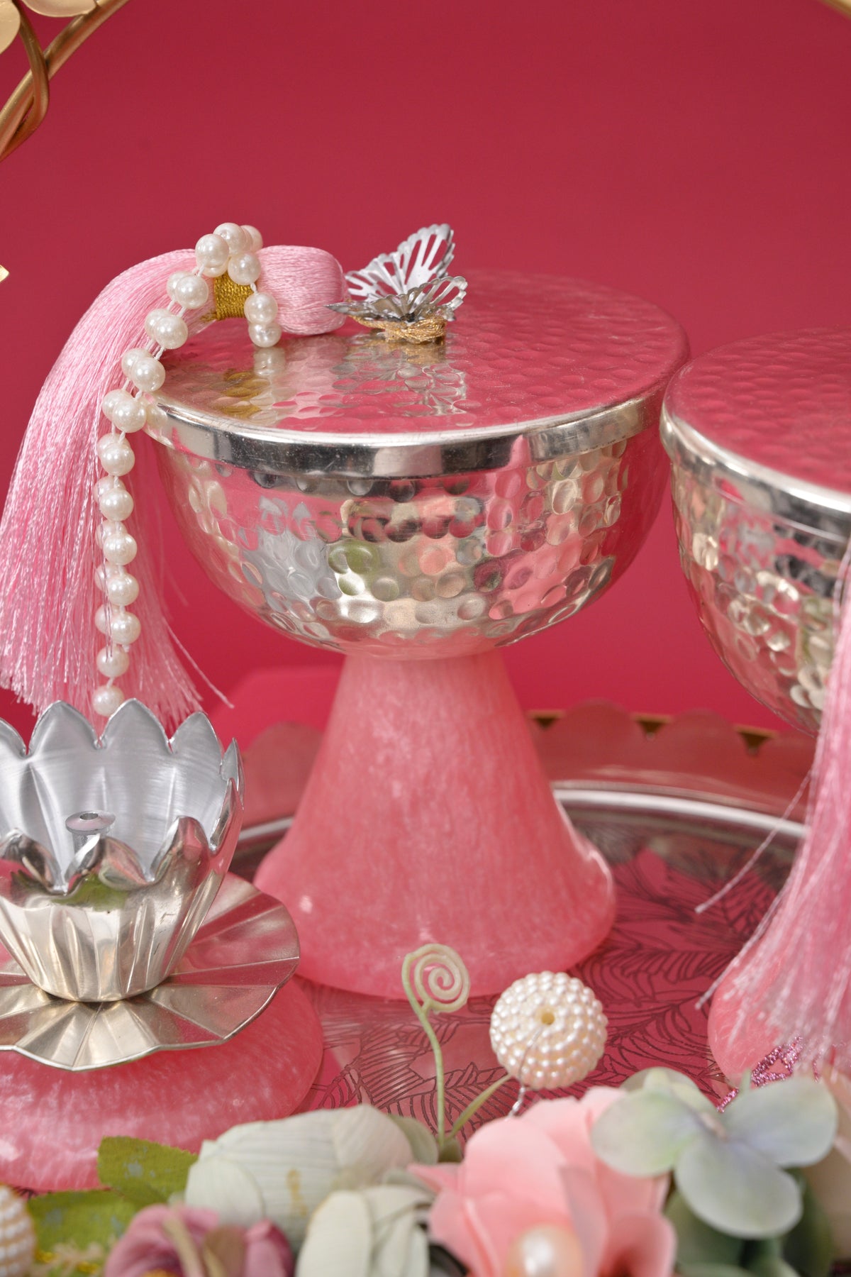 decorative festive tray with silver bowls & diya