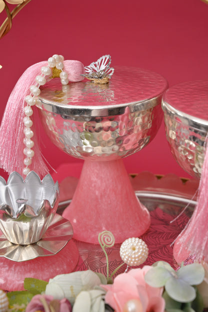 Decorative Festive Tray with Silver Bowls & Diya