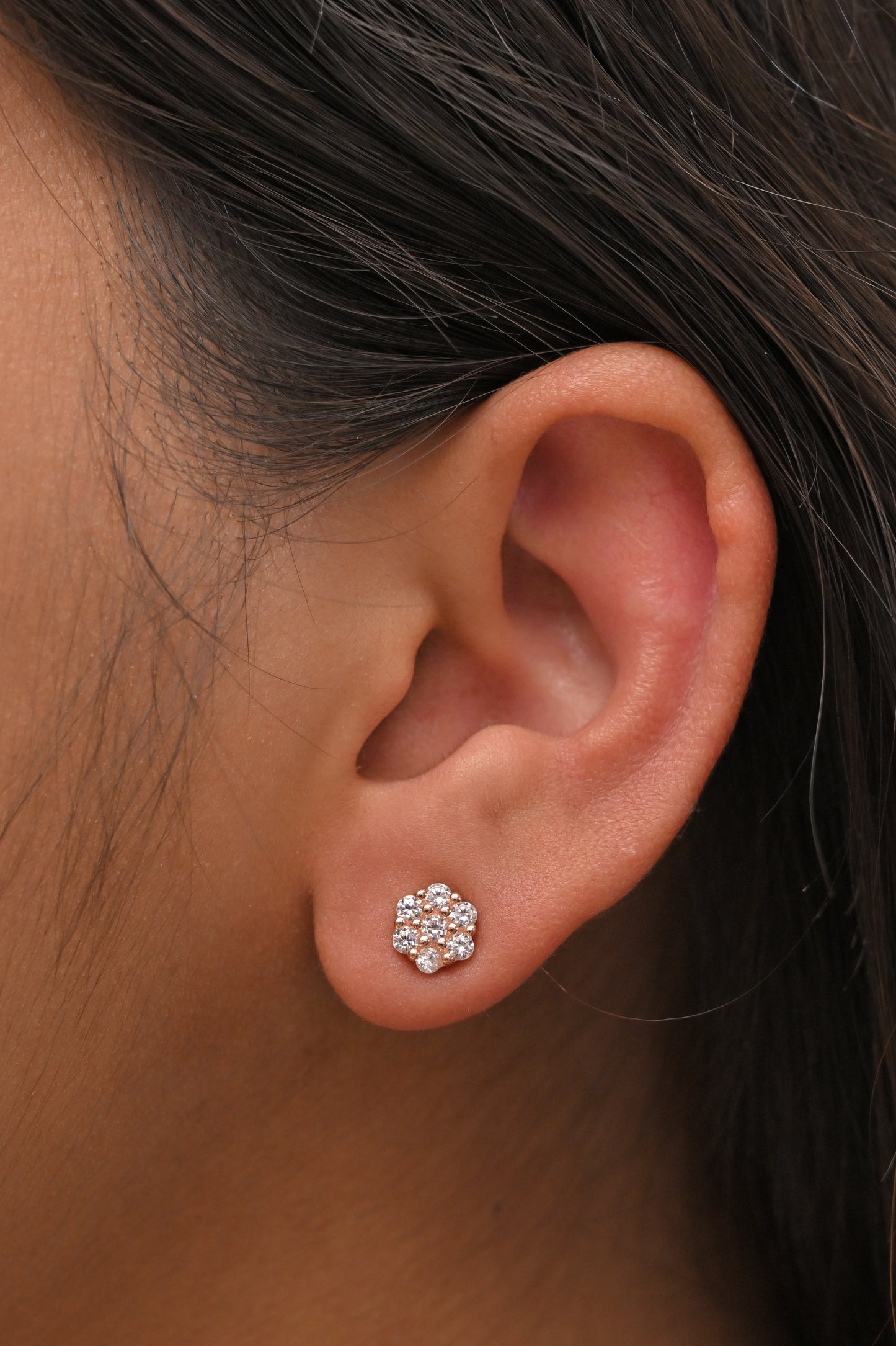 925 silver rose gold floral cz stud earrings