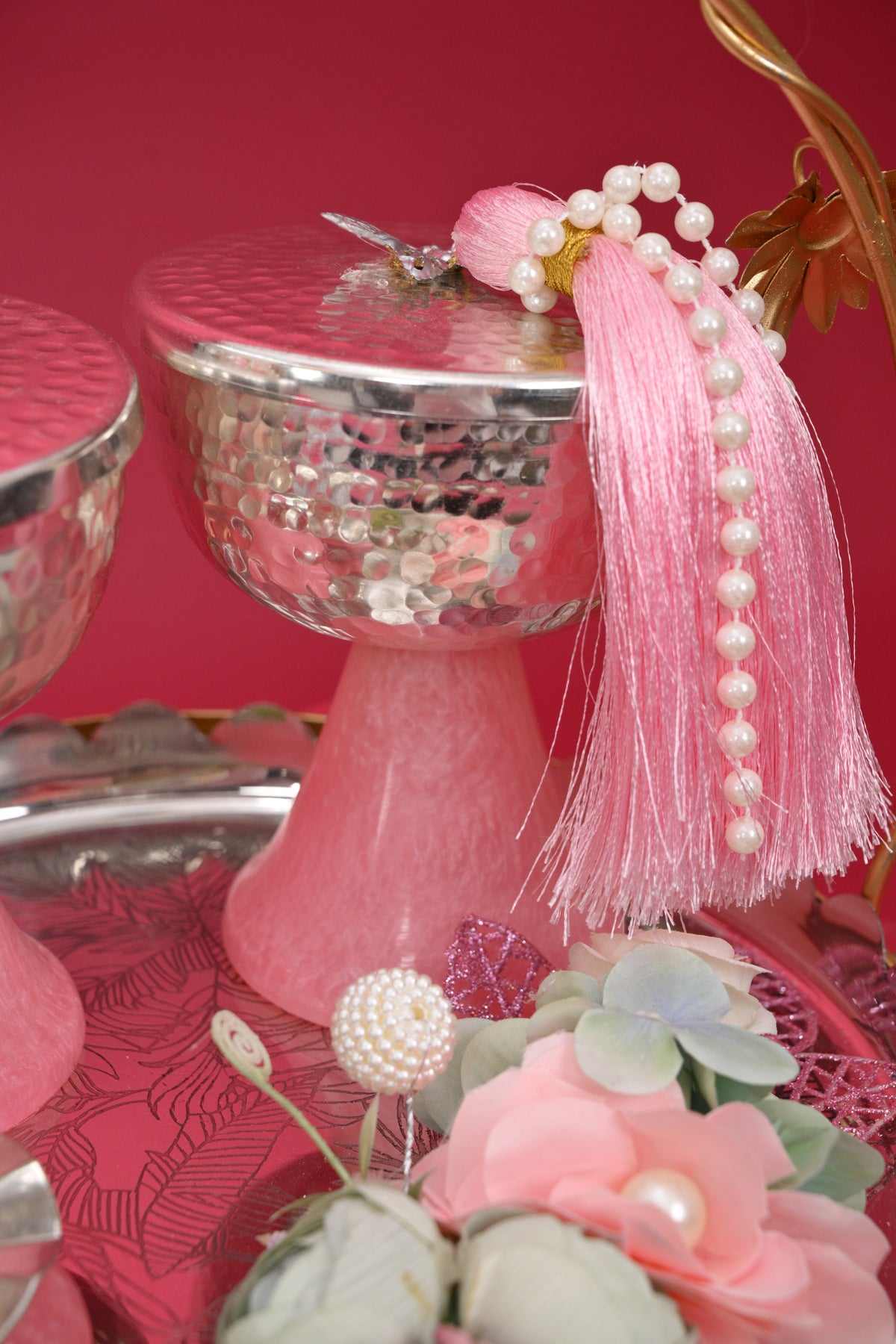 decorative festive tray with silver bowls & diya