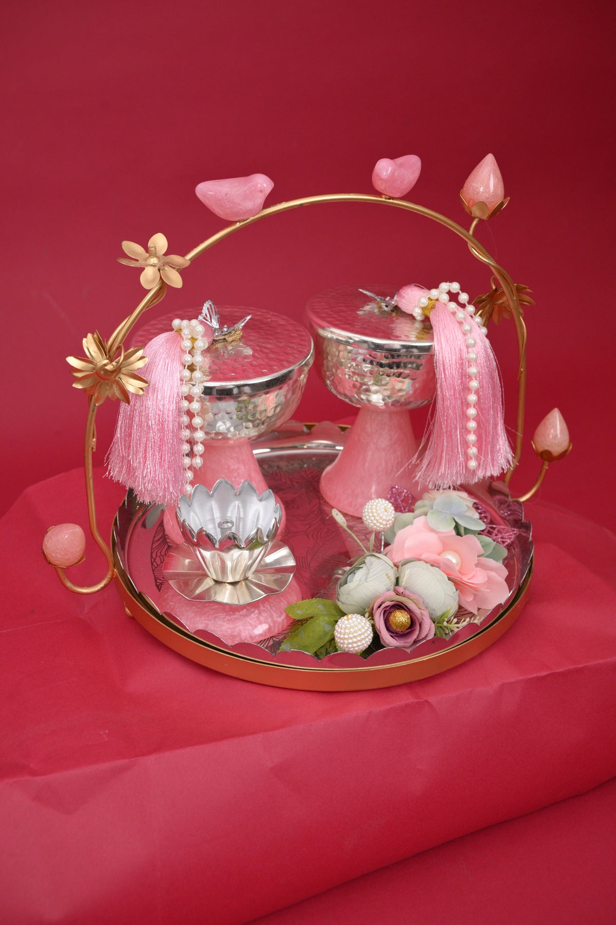 decorative festive tray with silver bowls & diya