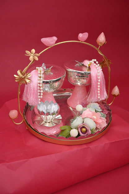Decorative Festive Tray with Silver Bowls & Diya