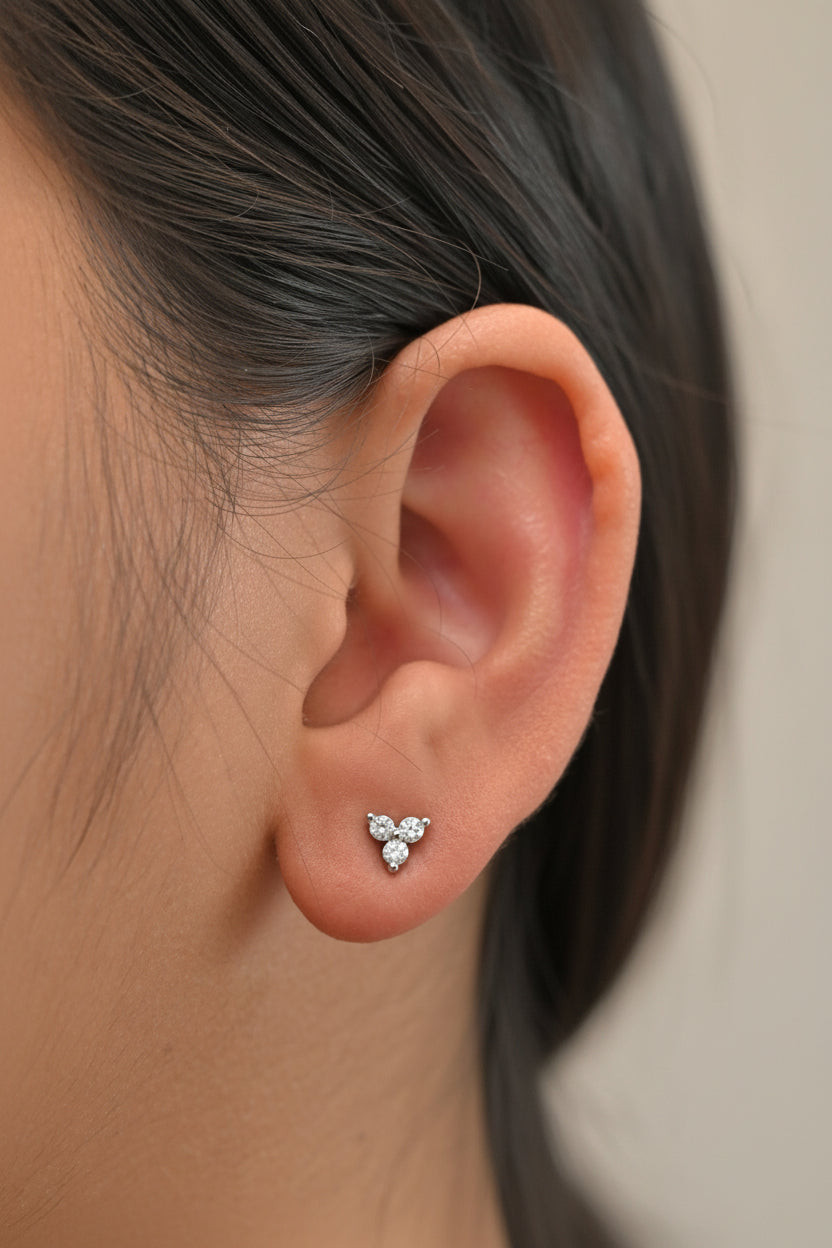 silver triple cz cluster stud earrings