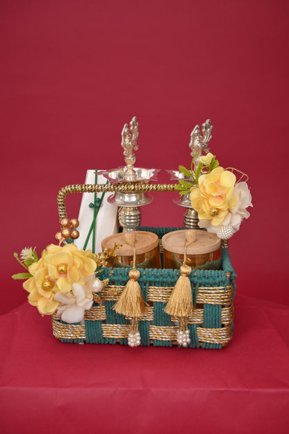 Decorative Gift Basket with Diyas & Wooden Jars