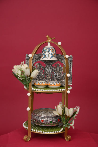 Three-Tier Pooja Decor Stand with Idols & Bell