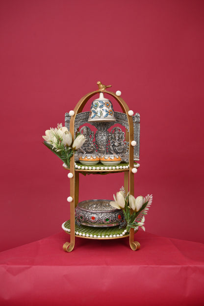 Three-Tier Pooja Decor Stand with Idols & Bell