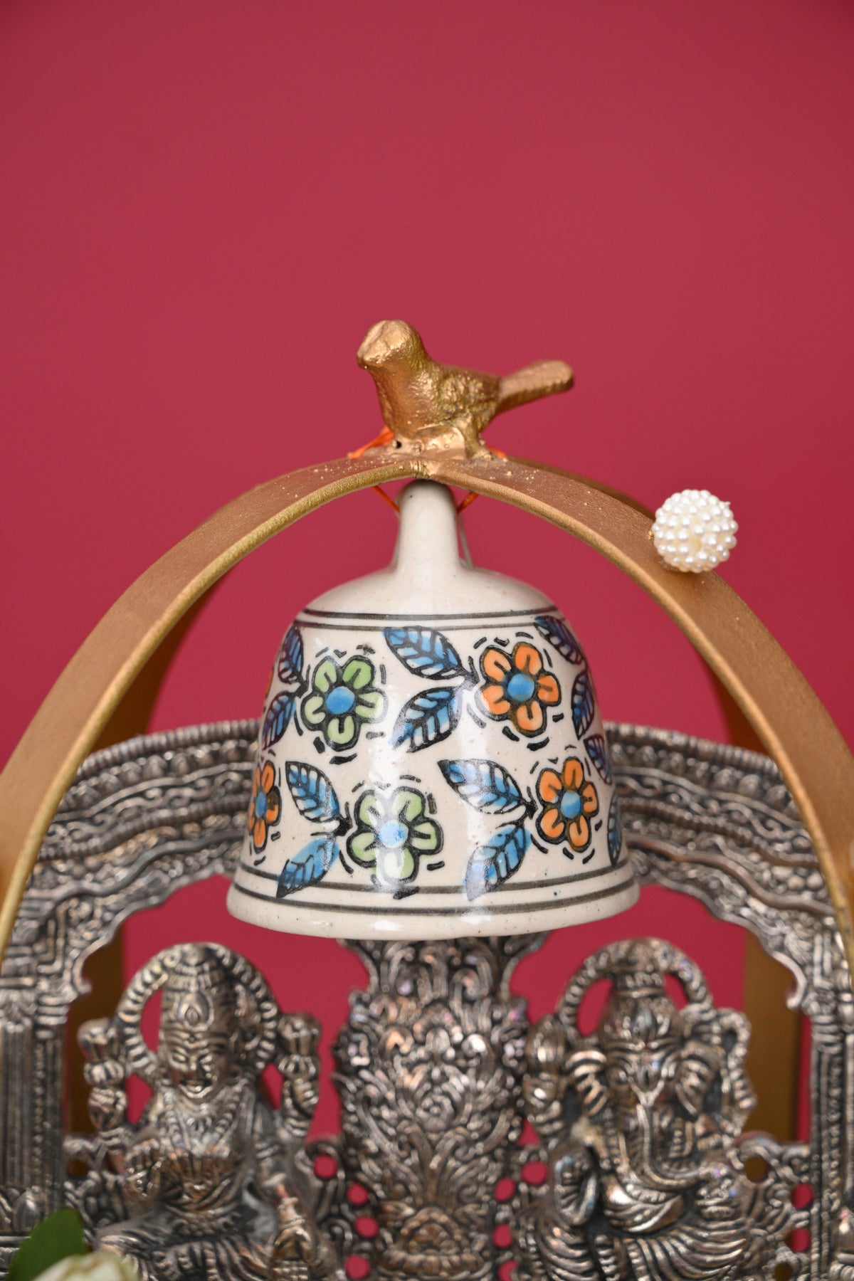 three-tier pooja decor stand with idols & bell