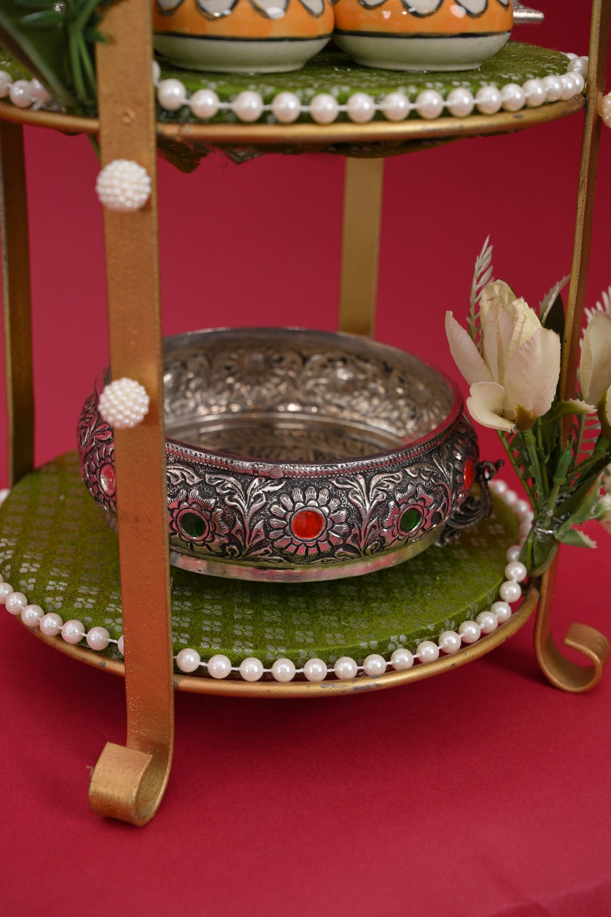 three-tier pooja decor stand with idols & bell
