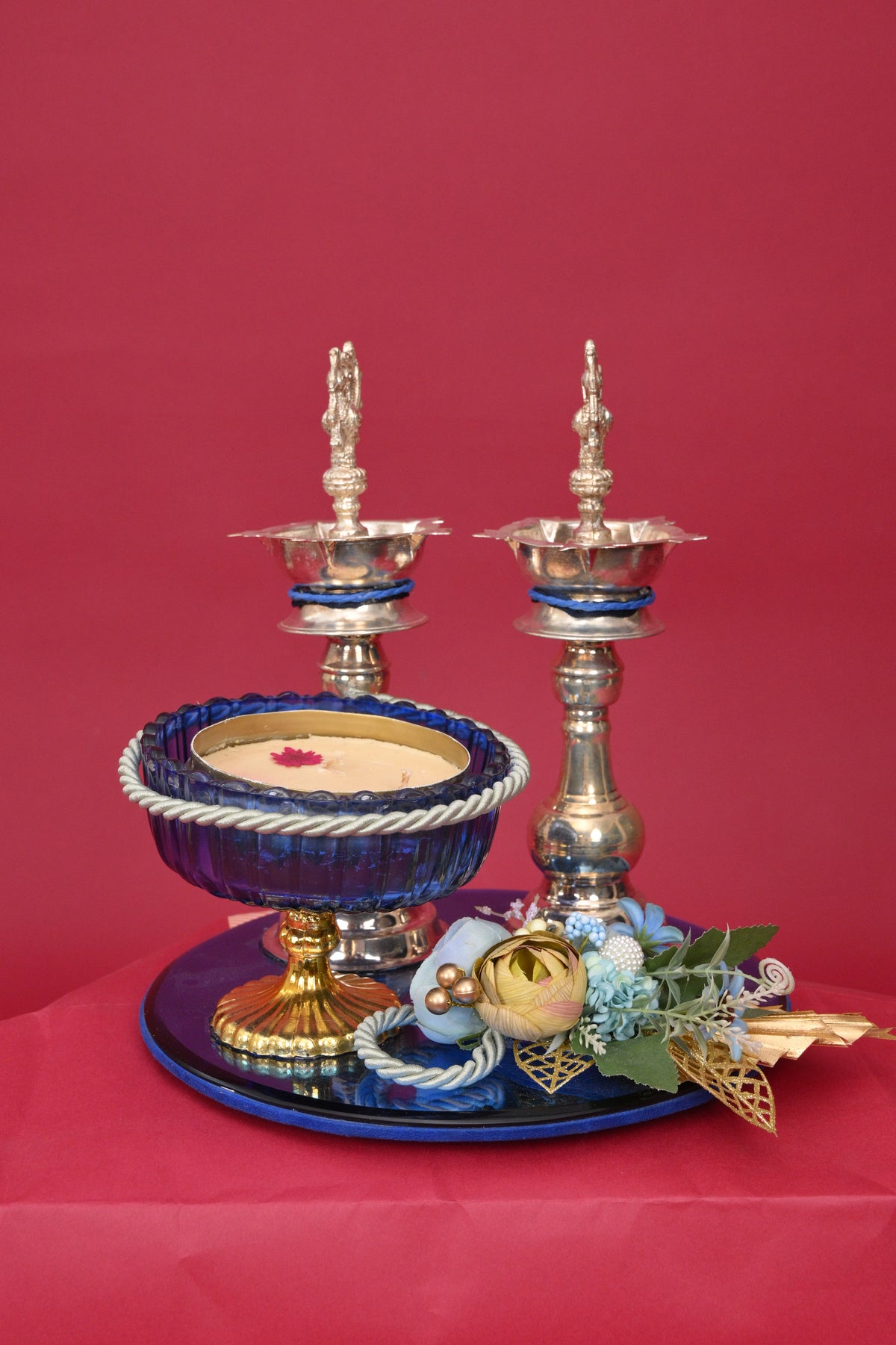 decorative pooja tray with two diyas & blue bowl
