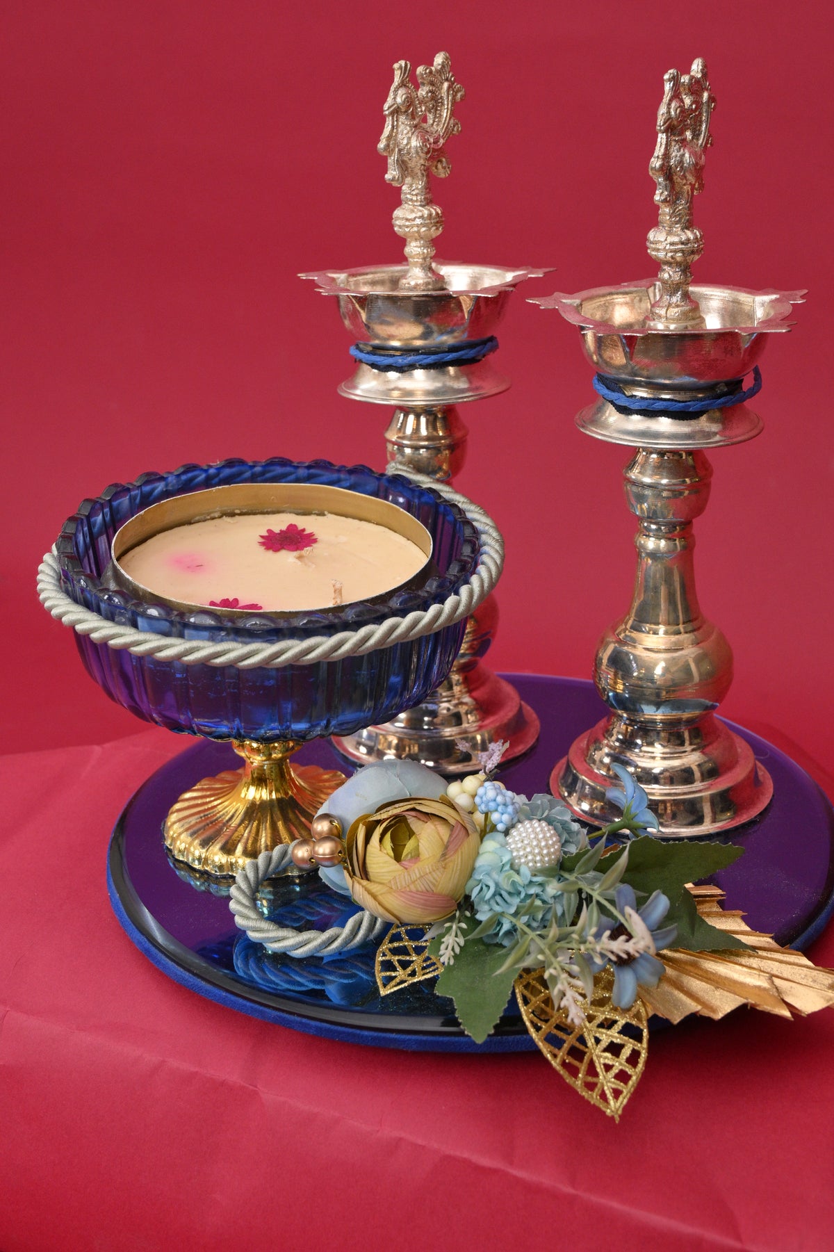 decorative pooja tray with two diyas & blue bowl