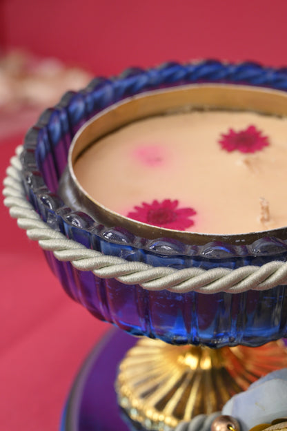 Decorative Pooja Tray with Two Diyas & Blue Bowl