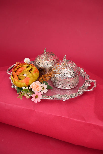 Decorative Silver Dry Fruit Box Set with Tray