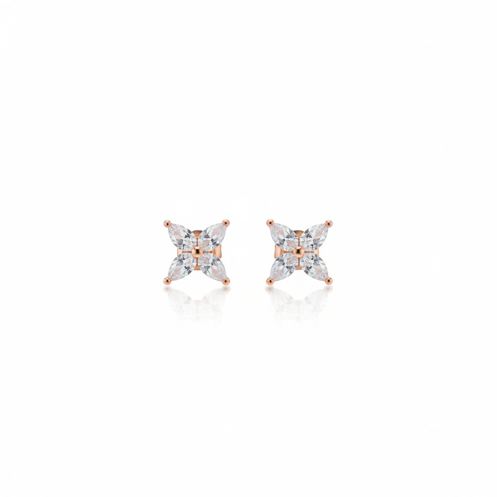 925 rose gold polished marquise floral cz stud earrings