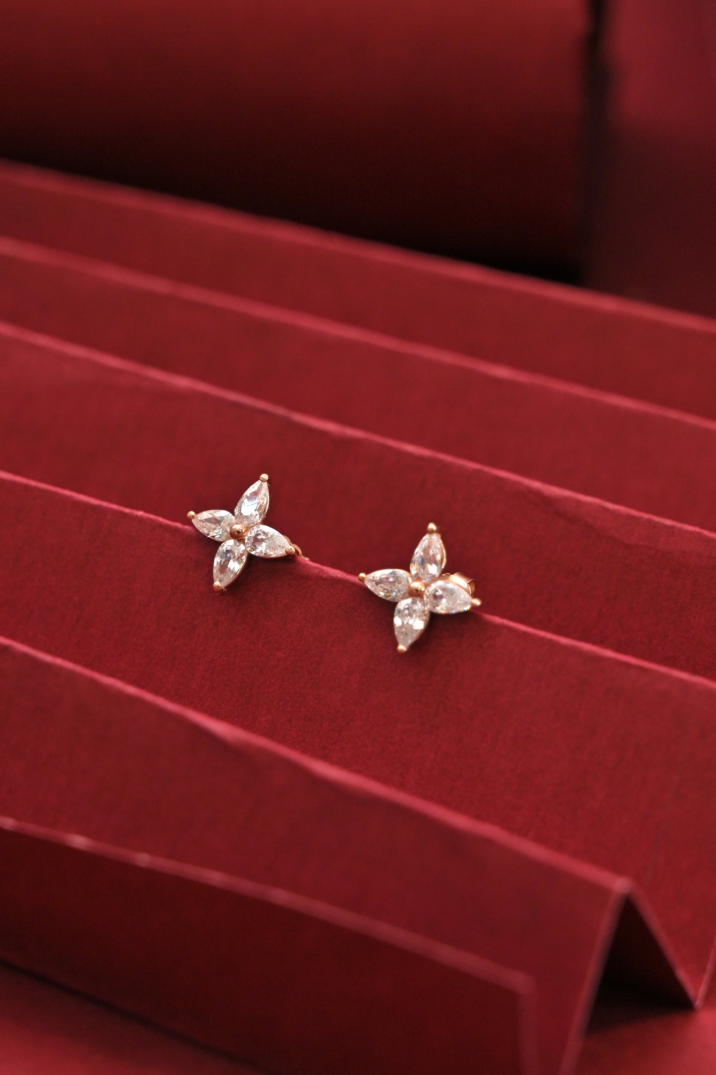 925 rose gold polished marquise floral cz stud earrings