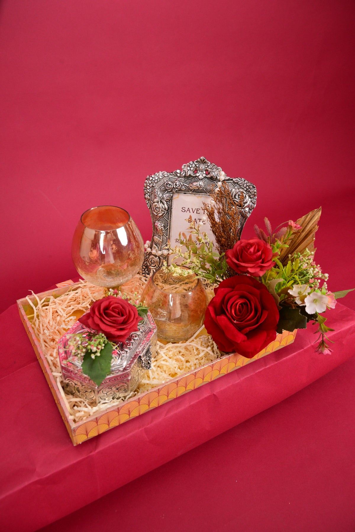 wedding gift tray with decorative frame & glasses