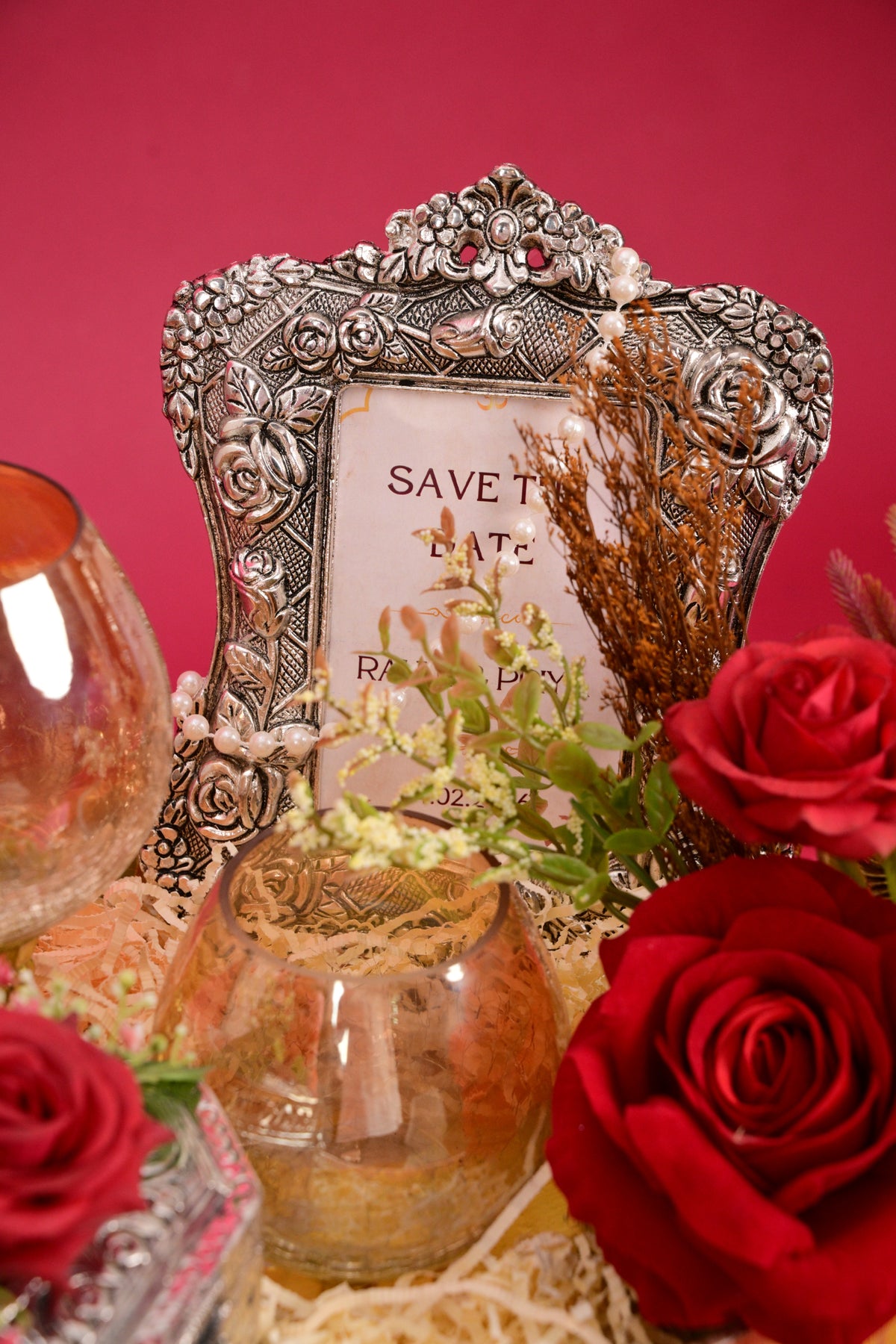 wedding gift tray with decorative frame & glasses