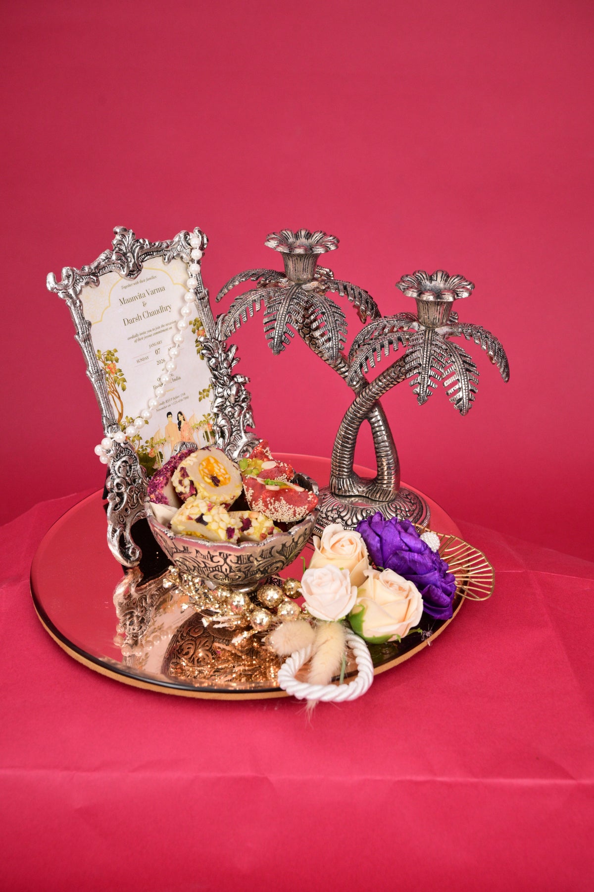 wedding gift tray with frame & decorative candle holders