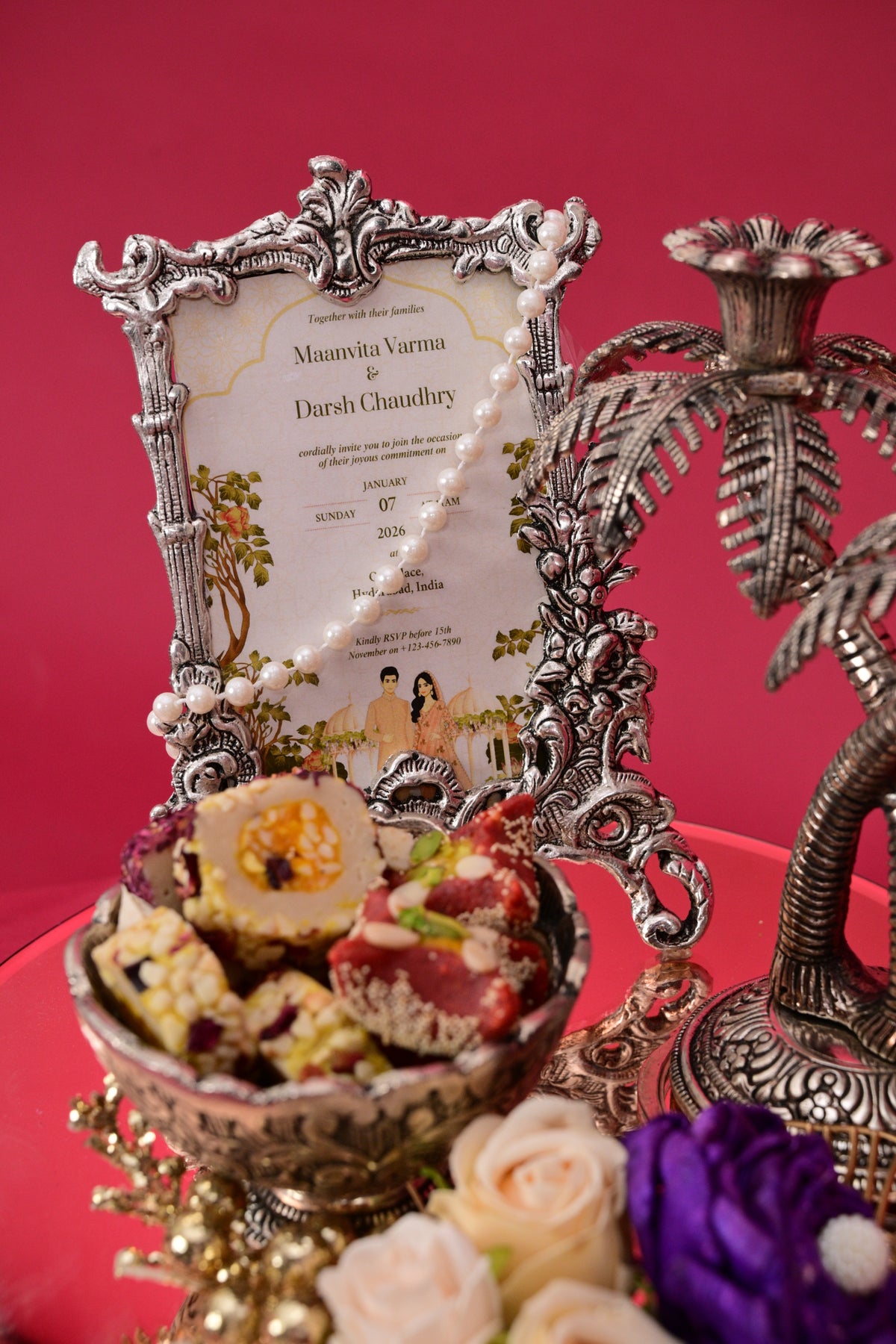 wedding gift tray with frame & decorative candle holders