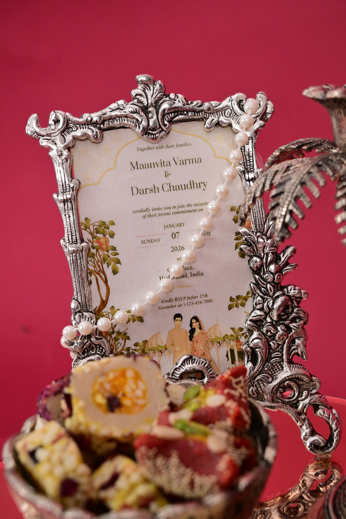 wedding gift tray with frame & decorative candle holders