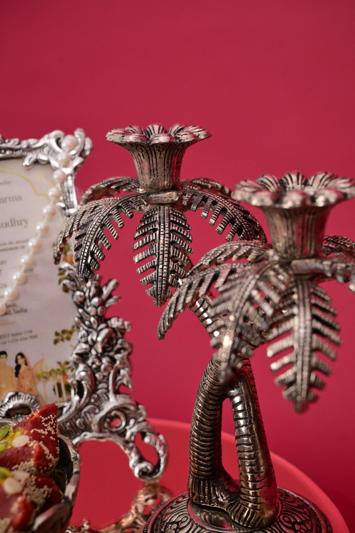 wedding gift tray with frame & decorative candle holders