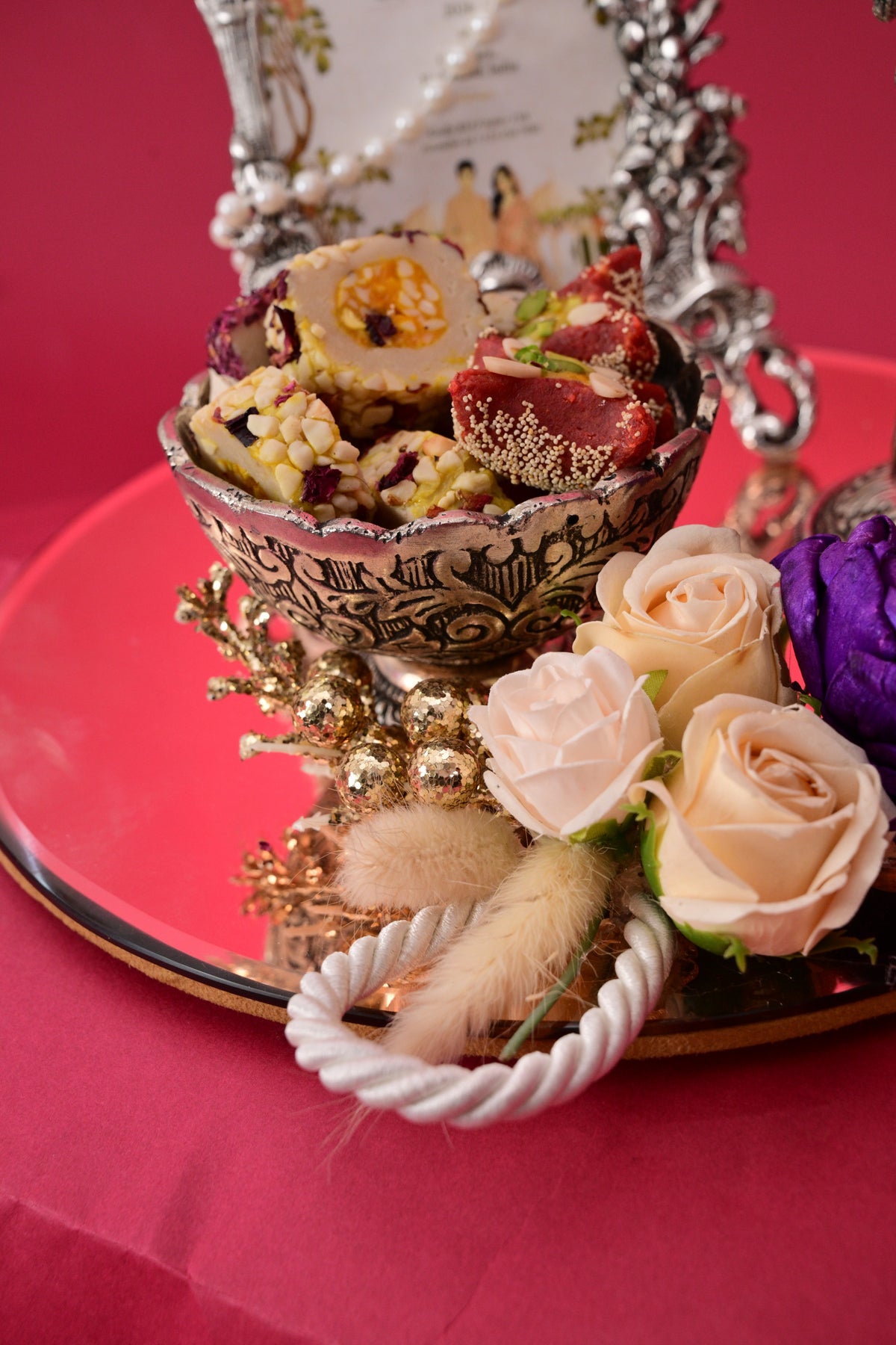 wedding gift tray with frame & decorative candle holders