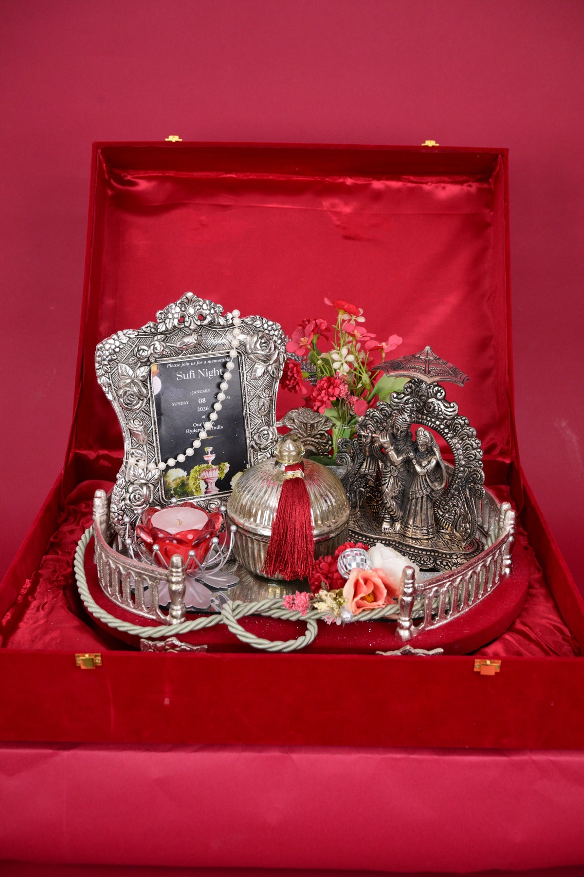 luxury wedding hamper box with decorative frame & silver gift tray