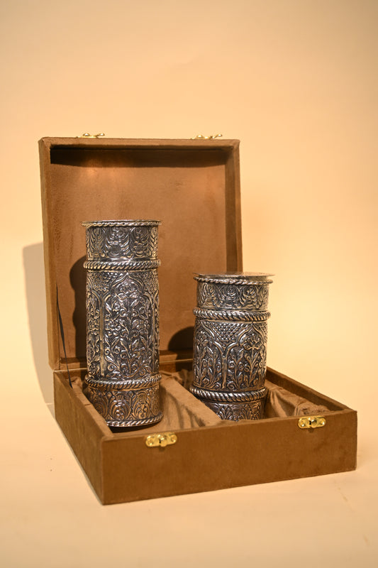 Handcrafted German Silver Cylindrical Container Set with Box – Elegant Storage for Pooja & Gifting