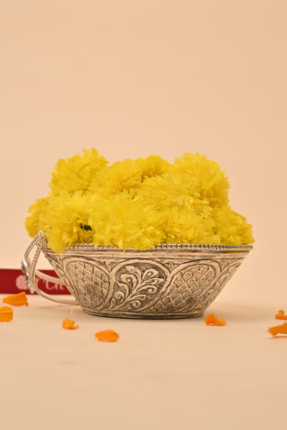 German Silver Decorative Bowl with Floral Handles – Elegant Pooja & Gifting Accessory