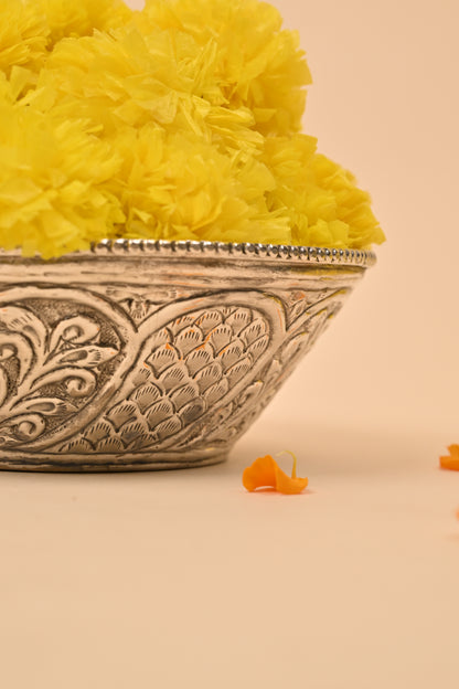 German Silver Decorative Bowl with Floral Handles – Elegant Pooja & Gifting Accessory