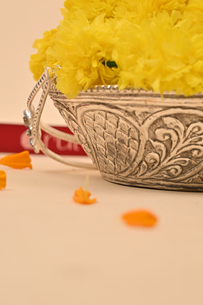 German Silver Decorative Bowl with Floral Handles – Elegant Pooja & Gifting Accessory