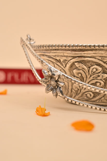 German Silver Decorative Bowl with Floral Handles – Elegant Pooja & Gifting Accessory