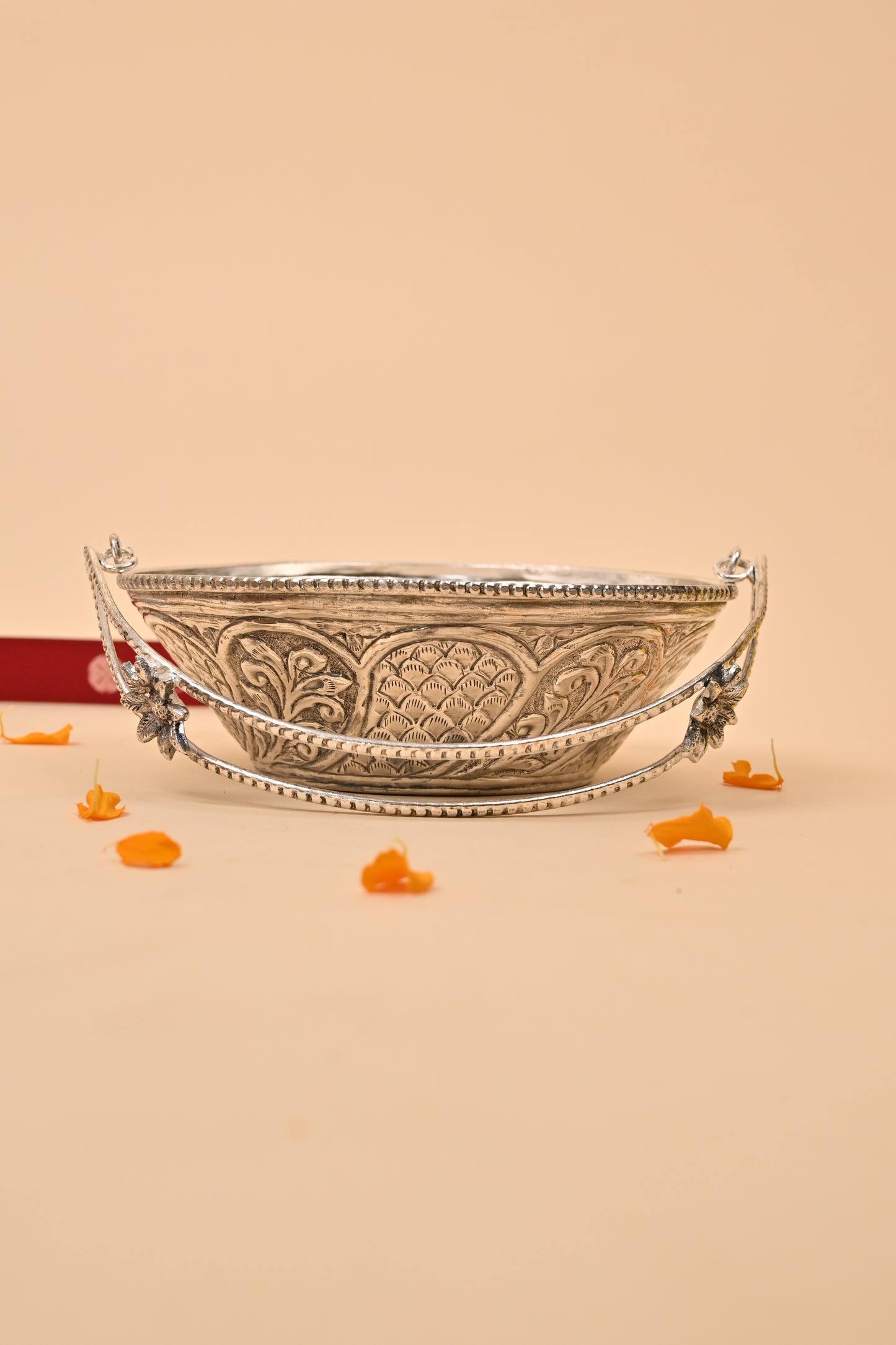 German Silver Decorative Bowl with Floral Handles – Elegant Pooja & Gifting Accessory