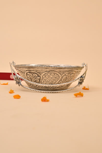 German Silver Decorative Bowl with Floral Handles – Elegant Pooja & Gifting Accessory