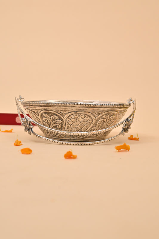German Silver Decorative Bowl with Floral Handles – Elegant Pooja & Gifting Accessory