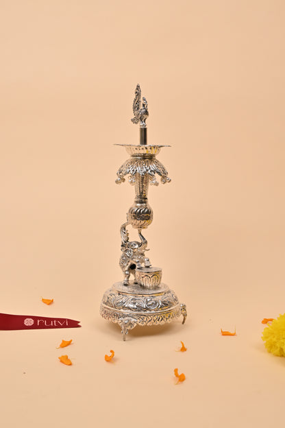 German Silver Peacock Diya – Auspicious Festive & Pooja Essential