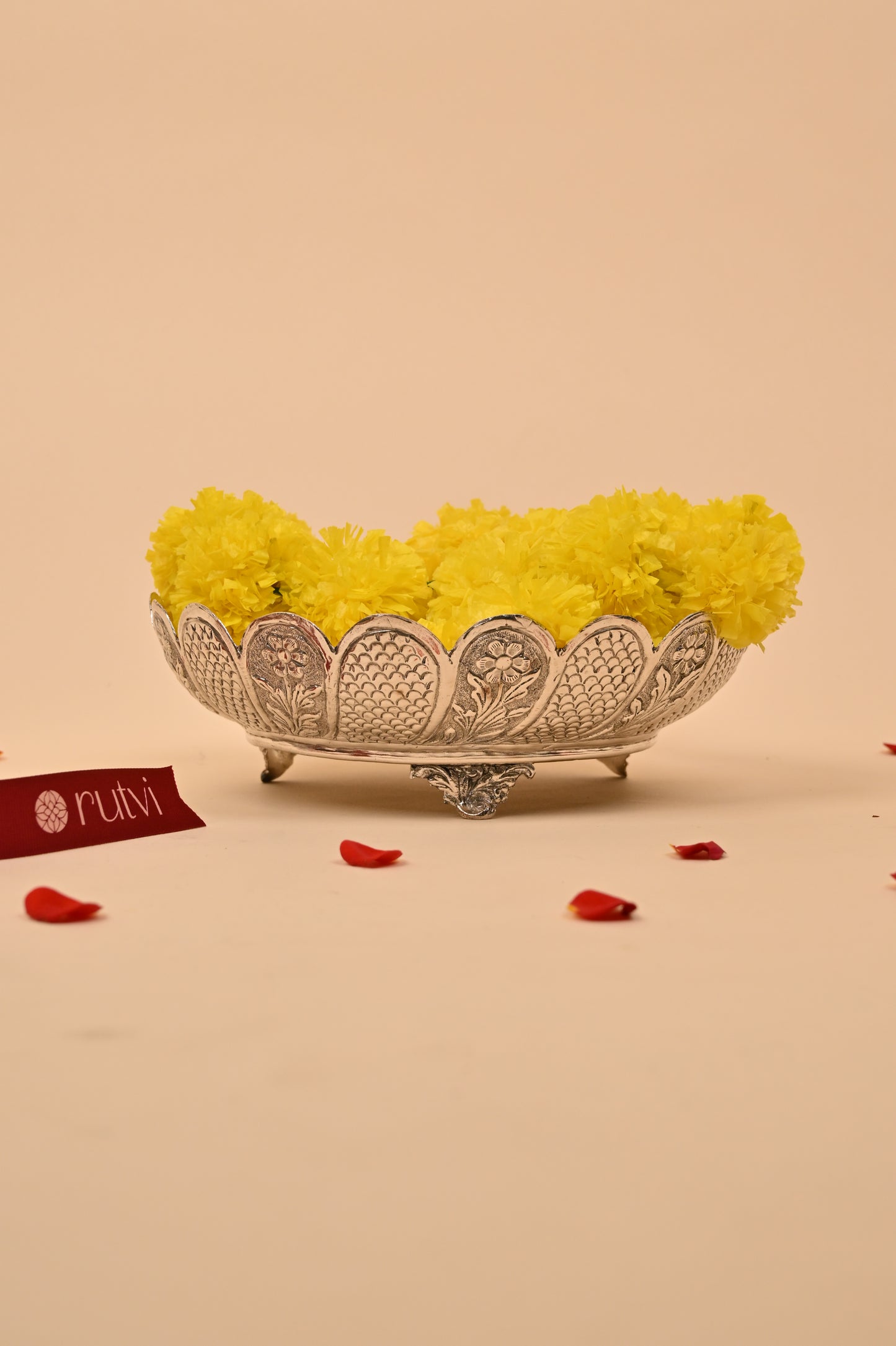 German Silver Floral Engraved Bowl on Stand – Elegant Decorative & Pooja Accessory