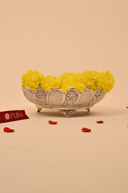German Silver Floral Engraved Bowl on Stand – Elegant Decorative & Pooja Accessory