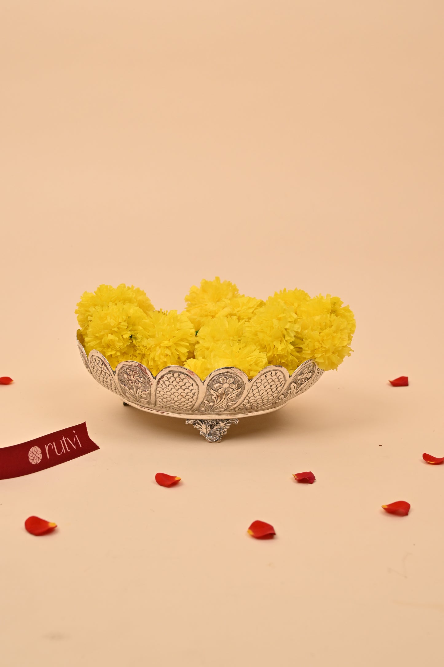 German Silver Floral Engraved Bowl on Stand – Elegant Decorative & Pooja Accessory