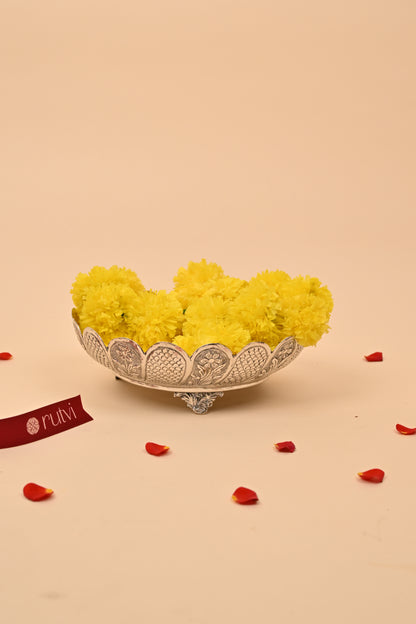 German Silver Floral Engraved Bowl on Stand – Elegant Decorative & Pooja Accessory