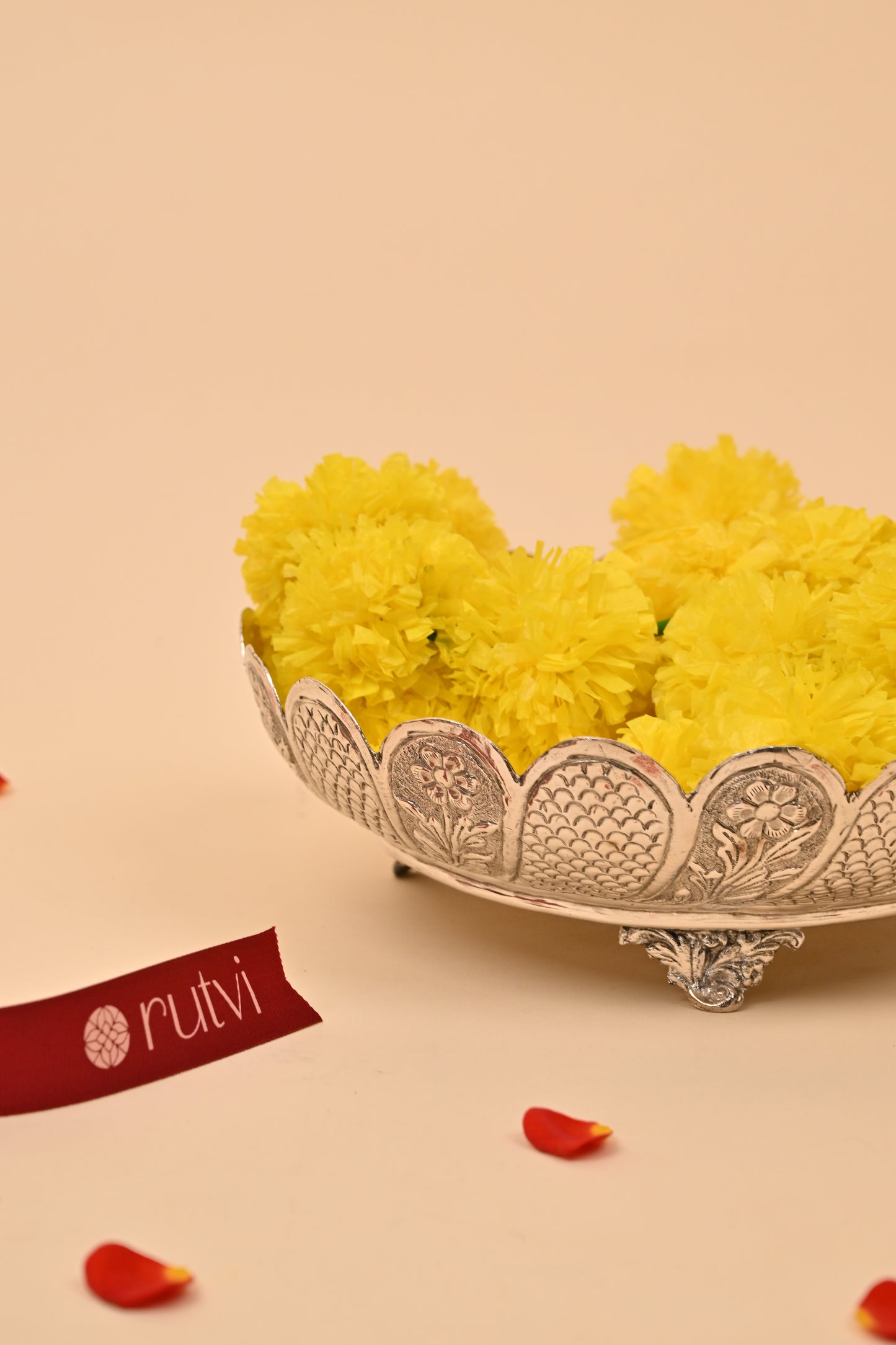 German Silver Floral Engraved Bowl on Stand – Elegant Decorative & Pooja Accessory