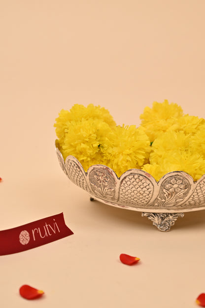German Silver Floral Engraved Bowl on Stand – Elegant Decorative & Pooja Accessory