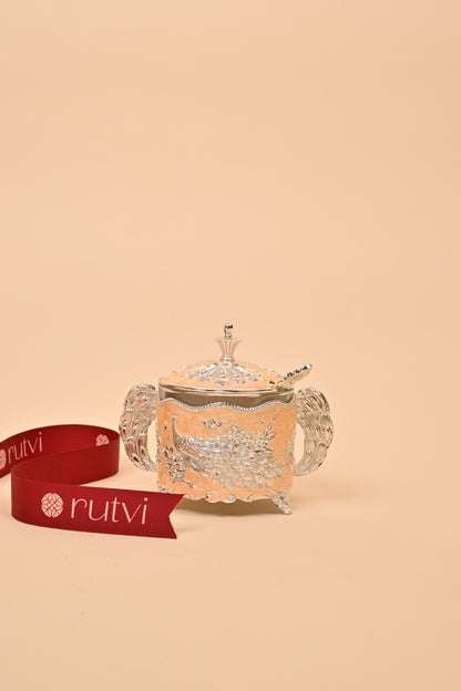 German Silver Peacock Circle Box with Handle – Traditional Storage & Festive Gift