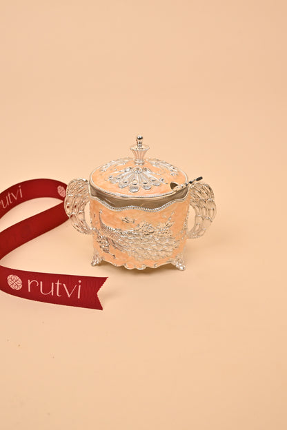 German Silver Peacock Circle Box with Handle – Traditional Storage & Festive Gift