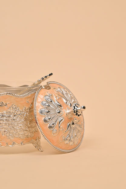 German Silver Peacock Circle Box with Handle – Traditional Storage & Festive Gift