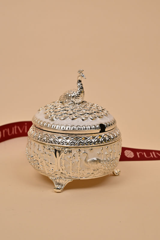 German Silver Peacock Circle Box – Intricate Storage & Festive Gifting