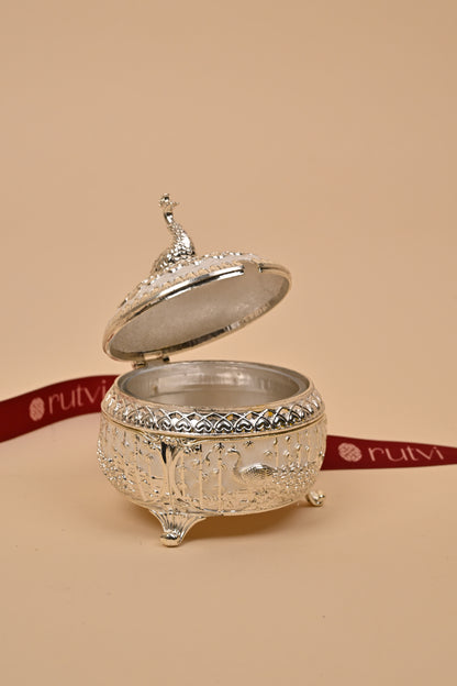 German Silver Peacock Circle Box – Intricate Storage & Festive Gifting