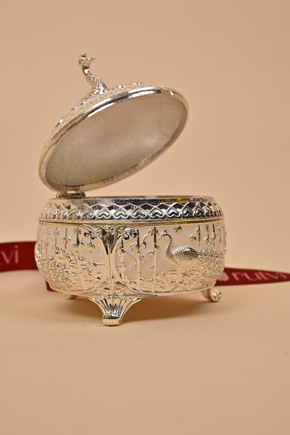 German Silver Peacock Circle Box – Intricate Storage & Festive Gifting