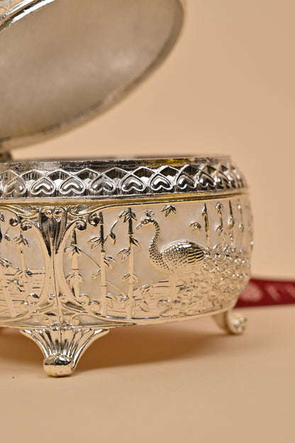 German Silver Peacock Circle Box – Intricate Storage & Festive Gifting