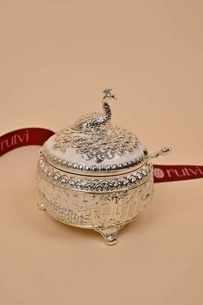 German Silver Peacock Circle Box – Intricate Storage & Festive Gifting